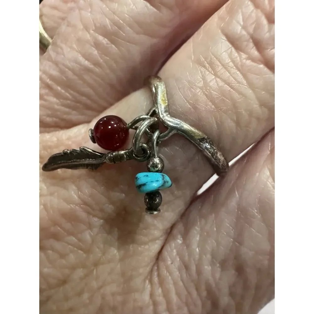 925 Sterling Silver Southwestern Charm Ring – Turquoise, Feather, Red Stone
